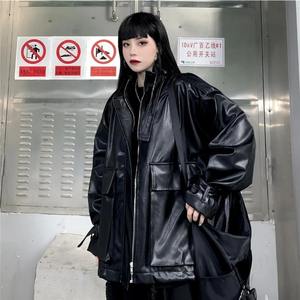 Chaqueta gótica de cuero con cremallera de gran tamaño para mujer, decoración de piel, ropa de calle Harajuku, estilo Academia oscuro, Material de lona de lana negra - Product Image 2