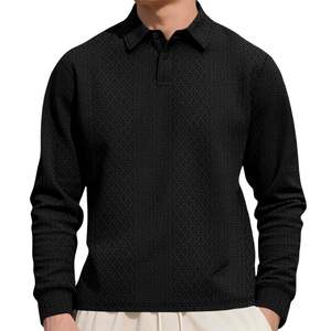 Polo à manches longues texturé noir pour homme, logo personnalisé de haute qualité, tricoté, décontracté, respirant, coupe ajustée, pull - Product Image 1