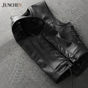 Gilet in Vera Pelle Nera Personalizzato Stile Sons of Anarchy con Lacci Laterali per Motociclisti e Club Biker - Product Image 1