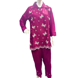 Ensemble deux pièces décontracté pour femmes-Pantalon brodé à imprimé floral doux Bouton Décoration Western Canvas Vacation Wear Wholesale India - Product Image 1