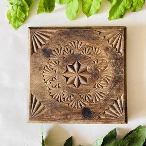 Handmade Mango Wood Square Trivet Carved Wooden Hot Pad Heat Resistant Floral Mandala Pot Holder for Dining Table Rustic Boho - Product Image 1