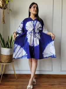 Caftan tie-dye en coton léger sur mesure-Robe courte à col en V avec cravate à la taille pour l'été adapté aux clients de la boutique - Product Image 5