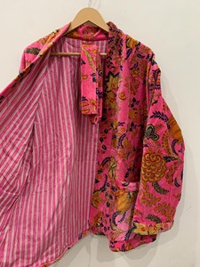 Lujoso algodón terciopelo bellamente impreso kimonos bata Lounge Wear Floral bata talla única interior Color rosa - Product Image 3