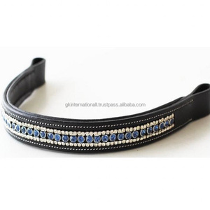 Banda para la frente de caballo de cuero negro de alto acabado Banda para la frente de brida inglesa de cristal ostentoso con acolchado suave y costuras en contraste - Product Image 4