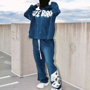 ชุดวอร์มผ้าปะติดกางเกงมีฮู้ดสำหรับชายเสื้อแบบดิบขอบตัดเย็บสไตล์วินเทจ - Product Image 3