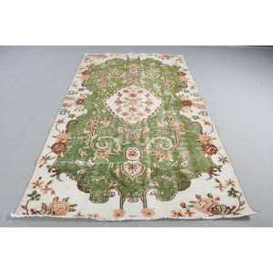 Tapis vintage, tapis turc 5,1x8,3 pieds, tapis en laine vert et blanc à imprimé animal - Product Image 1