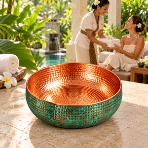 Bol à pédicure artisanal en cuivre NJ avec finition martelée patinée argentée, double paroi, drainage sans tuyau pour salon de manucure ou usage domestique - Product Image 6