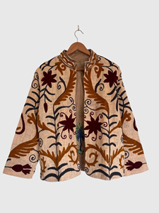 Veste en lin brodée florale, col mandarin, manches longues, manches lanternes, grande taille, style Prairie Chic, vêtements d'automne pour femmes - Product Image 1