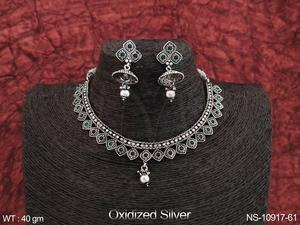 Designer Fancy Design Party Wear Oxidized <b>Jewellery</b> Oxidized Silver Polish Jewelry Accessories Women Oxidized Short Necklace Set - Product Image 2