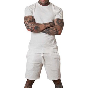 Custom Summer <b>Men's</b> 2 Piece Outfits Tee Shirt and <b>Shorts</b> Set Sports Tracksuits <b>White</b> Color Round Neck Gym Fitness <b>Man</b> Twin Sets - Product Image 1
