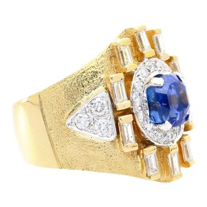 Vintage 4.57 Carat Blue Sapphire Baguette Diamond <b>Ring</b> <b>For</b> <b>Men</b> 14K Yellow Gold Plated With Matte Finish <b>For</b> April Birthdays - Product Image 3