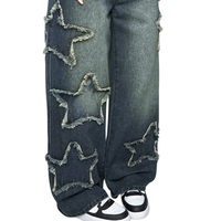 Jean ample décontracté en denim délavé bleu foncé pour femme, taille mi-haute, jambe large, respirant, avec patch étoile, style streetwear boutonné pour l'été