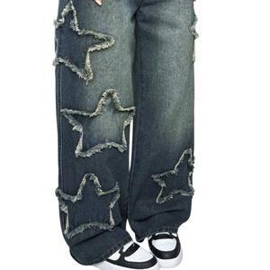 Jeans de Mujer Azul Oscuro de Cintura Media, Pierna Ancha, con Parches de Estrellas, Ajuste Holgado, Vaqueros Lavados, Pantalones de Mezclilla Casuales, Moda Urbana, Uso Diario 100% - Product Image 3