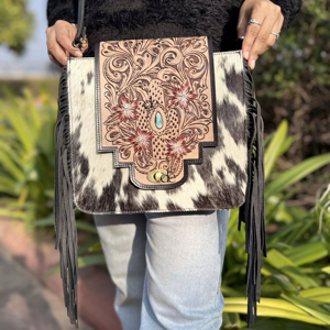 New Arrival Hand Tooled Carving Leather Fringe Handbag Hair On Hide Fur Gypsy Boho Vintage Handmade Shoulder <b>Bag</b> Stylish <b>Bags</b> - Product Image 1