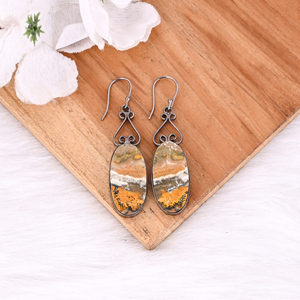 Boucle d'oreille pendante en jaspe abeille, rhodié noir, faite à la main, cabochon poli, pour femme, pour usage quotidien - Product Image 2