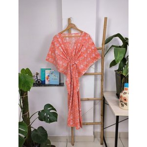 Boho Botanique Orange Sunrise Hand-Painted Indian Cotton <b>Kaftan</b> Lightweight and Breathable Swimsuit Cover Ups - Product Image 5