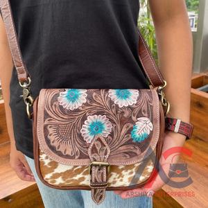 New Western Hand Tooled Leather Crossbody Bag Luxury Turquoise Floral Purse Carved Genuine Leather Women Western <b>Handbags</b> - Product Image 1