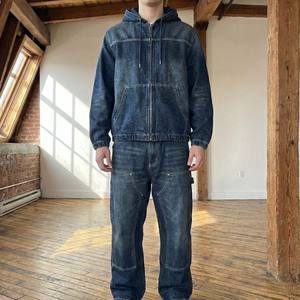 Ensemble de survêtement en jean délavé imprimé vintage coupe ample pour homme, avec surpiqûres contrastantes blanches, 100 % coton écologique, style charpentier - Product Image 6