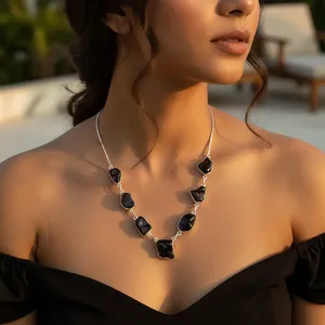 Collier en perles noires argentées pour femmes, bijoux en pierres précieuses, cadeau - Product Image 3