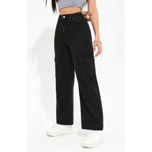 Pantalon cargo en jean noir Y2K streetwear pour femme, taille haute, coupe ample, extensible, multipoches, décontracté, écologique, effet plaqué, grandes tailles - Product Image 3