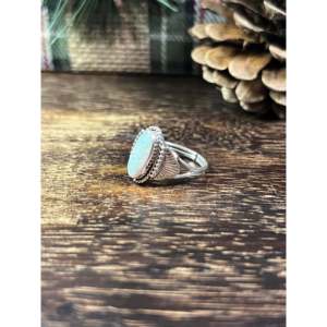 Navajo Made Opal & Platinum Sterling <b>Silver</b> <b>Ring</b> Geometric Gemstone with Pearl Size 7.5 Rhodium Plated for Everyday Wear - Product Image 4