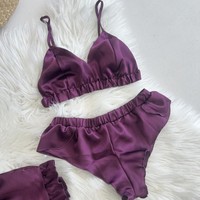 Ensemble de lingerie en satin de soie tissé violet pour femme avec volants, demi-chemises, body deux pièces et culotte