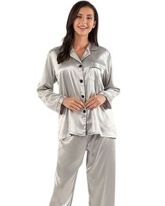 Manufacturer <b>Women</b> Silver Grey Satin <b>Silk</b> <b>Pajama</b> Set Button Down Long Sleeve Sleepwear Luxury Soft Smooth Nightwear Loungewear - Product Image 1