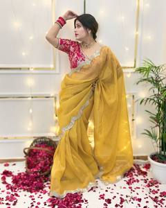 Broderie lourde traditionnelle or tissu écraser Saree frontière travail Bollywood Designer fête porter élégance Sari cousu Blouse - Product Image 1
