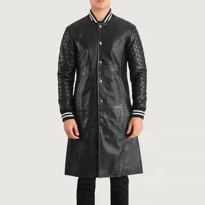 Custom Black <b>Leather</b> Varsity Coat for Men Stand Collar Casual Winter Style with Front Logo Closure OEM Service Available - Product Image 4