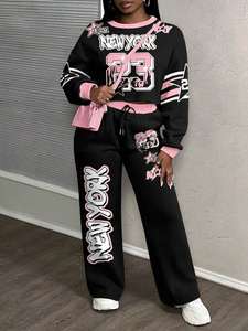 Survêtement en coton molletonné uni pour femmes, taille moyenne, grande taille, vêtements de rue d'hiver, teinture unie avec broderie, vente en gros OEM - Product Image 6