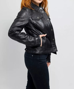 2025 chaqueta de cuero de vaca para mujer, chaqueta de cuero negro, ajustada, estilo motorista, prendas de vestir exteriores informales, cremallera frontal, bolsillos abotonados en el pecho, Invierno - Product Image 3