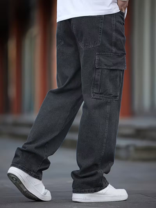 Men's Loose <b>Fit</b> Wide-Leg Pants Casual Style Multi-Pocket Design Washed Navy Blue Cargo Jeans Suitable for All Seasons Bangladesh - Product Image 4