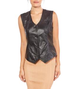 Veste de moto pour femme en cuir noir véritable, col en V, coupe-vent, écologique, respirante, fermeture à boutons pression, fermeture avant - Product Image 1