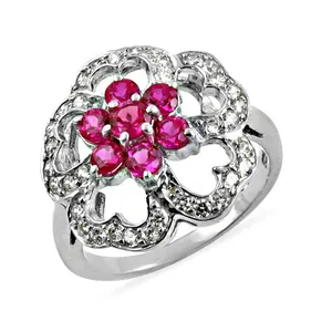 Bague cocktail en forme de fleur avec rubis, en argent 925, sertie pavé, bijou romantique pour femme, cadeau - Product Image 2