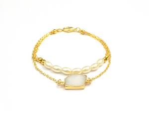 Rainbow Moonstone & Pearl Bisel Pulsera Hecha a mano Chapado en oro Alambre Envuelto Cadena de moda Cadena única Joyería - Product Image 5