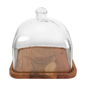 Handmade Low MOQ Square Wood <b>Cake</b> Stand With <b>Glass</b> <b>Dome</b> Manufacturer Wholesaler Premium Home & Decoration Factory - Product Image 1