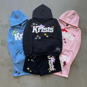 Unisex 2-Piece Sweat Suit 100% Cotton 24oz Screen Print Stars Embroidered Sleeves Plus Size Hoodie Shorts Washed for Autumn - Product Image 1