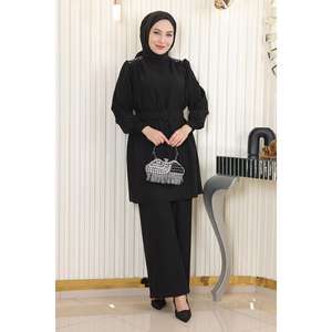 MSW19104-1 Ensemble décontracté noir avec ceinture et détails en pierres, hauts longs mi-mollet, col rond, manches longues, 100 % polyester - Product Image 1