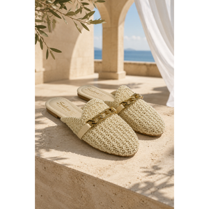 Beige Woven for Slippers with Chain Accessory <b>Closed</b> <b>Toe</b> Design Breathable Summer Features - Product Image 1
