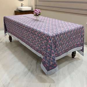 Nappe en tissu imprimé à la main en Inde, bleu gris, rose Cornus florida, motif floral, pour la décoration de table de Noël - Product Image 2