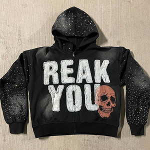 2025 vente en gros OEM en détresse broderie Patch lettre strass à capuche avec cristaux surdimensionné Streetwear doux pull à capuche - Product Image 2