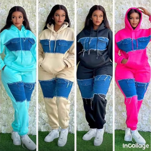 Sweat à capuche en satin brodé 100% coton à la mode pour femmes avec haut patchwork de couleur unie Logo avant écologique - Product Image 1