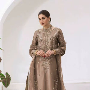 Tenue ethnique indienne de créateur : haut en soie brodé et orné de sequins, pantalon en soie butter et dupatta en tulle papillon - Product Image 1