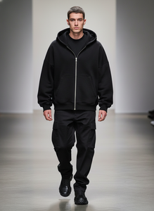 Sweat à capuche oversize noir pour homme, fermeture éclair intégrale, coupe ample, en molleton de coton, streetwear - Product Image 5