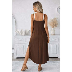 Women's Strappy Round Neck Long <b>Viscose</b> <b>Dress</b> with Pockets, 37019 - Coffee - Product Image 3