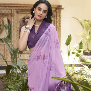 Saree élégant à imprimé floral en tissu marbale sans poids avec bordure en dentelle et chemisier pour les acheteurs de vêtements traditionnels en gros - Product Image 1