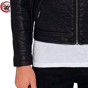 Vente en gros sur mesure 100% veste en cuir double cavalier noir pour homme tanné pleine fleur style de rue avec col montant toile tissu - Product Image 4