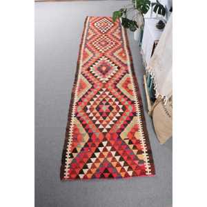 Turkish Vintage <b>Runner</b> Rug 3.1x12.3 ft, <b>Red</b> Brown Floral Wool Rug - Product Image 1