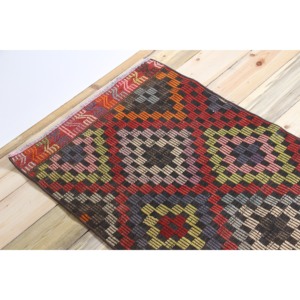 Vintage Turkish Rug, <b>Runner</b> 2.1x10.3 ft (65x315 cm) Rug, <b>Red</b> Geometric Wool Rug - Product Image 5