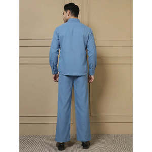 Amanush <b>Men's</b> Solid Blue Cotton Co-Ord Set Mandarin Collar Full Sleeve Kurta With Pant Casual Wear Summer 2 Piece Outfit - Product Image 4